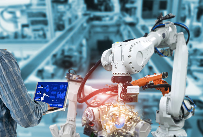 Manager engineer check control automation Robotic arms, industrial robots, factory automation machines