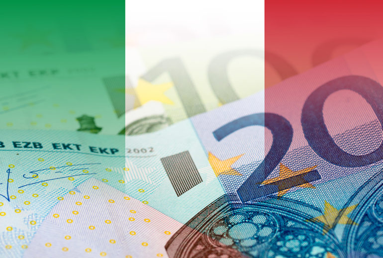italy flag with euro banknotes