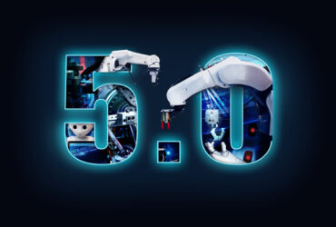 Industry 5.0 double exposure banner concept. Automation, 3D printing, Robotic arm and autonomous industrial technology. Collaborative Ai robot between human and hand machine.